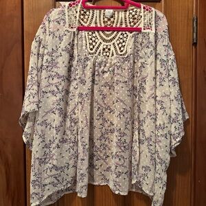 Evsie By Maurices Open Kimono Girls XL 13/14 Cream Purple Floral Crochet Back